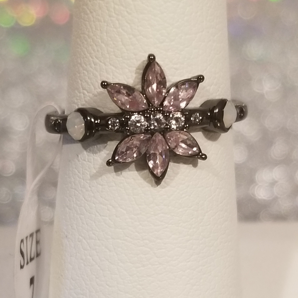18k Black Gold Plated Floral Ring w/ White Opal, Tanzanite, and CZ Crystals sz 7
